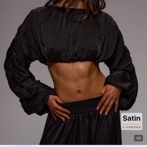 Black Satin Crop Top - long sleeve